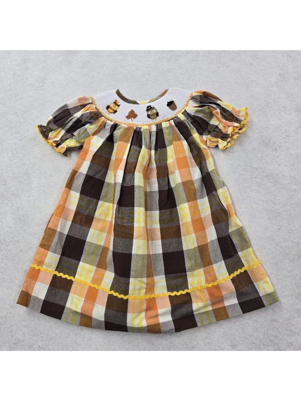 Five Little Monkeys Smocked Dress 9M Fall Thanksgiving Turkey Leaf Ruffles EUC